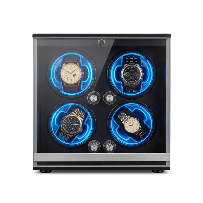 Walnut wood quad watch winder front view — four floating blue LED rings winding four automatic watches, aluminum frame and black lid