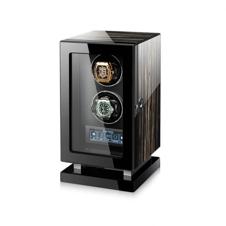 Roroos Dark Warrior double watch winder in striped ebony wood with dramatic grain pattern and glass front