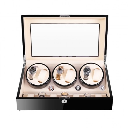 Black Six Pieces Automatic Watch Winder with Beige Interiora and 7 Extra Storages Spaces Overview