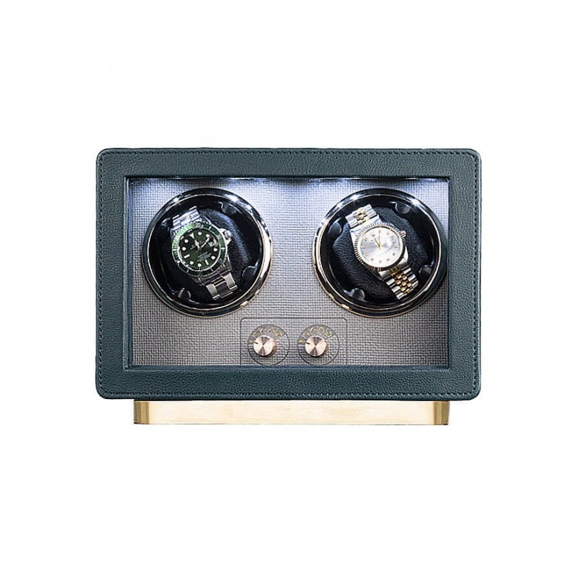 Retro green leather double watch winder — front view with closed lid
