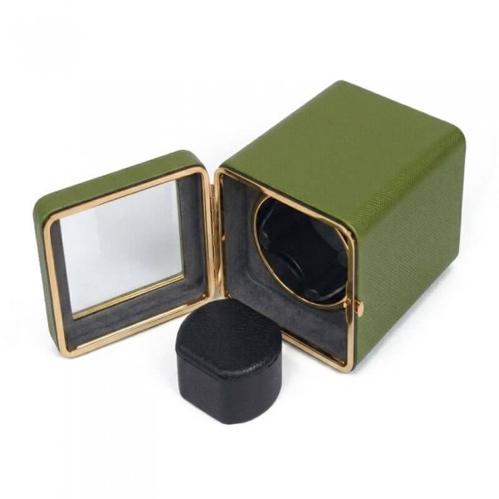Olive green leather single automatic watch winder box opened