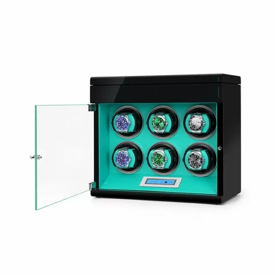 Angled view of Tiffany blue automatic watch winder with quiet motor 