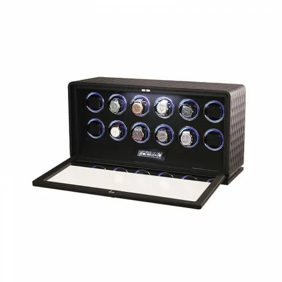 12-slot watch winder open lid showing individual rotating modules — Roroos Singapore