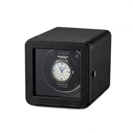 Nappa premium black leather single automatic watch winder box by Roroos, front view Overview
