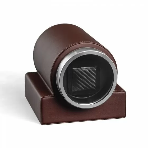 Rebobinador de reloj única individual clásico en cuero marrón con ventana de vidrio