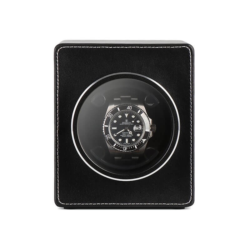 Roroos single watch winder in black PU leather for automatic watches, front view