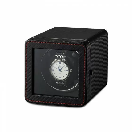 Roroos carbon fiber single watch winder box - angled view