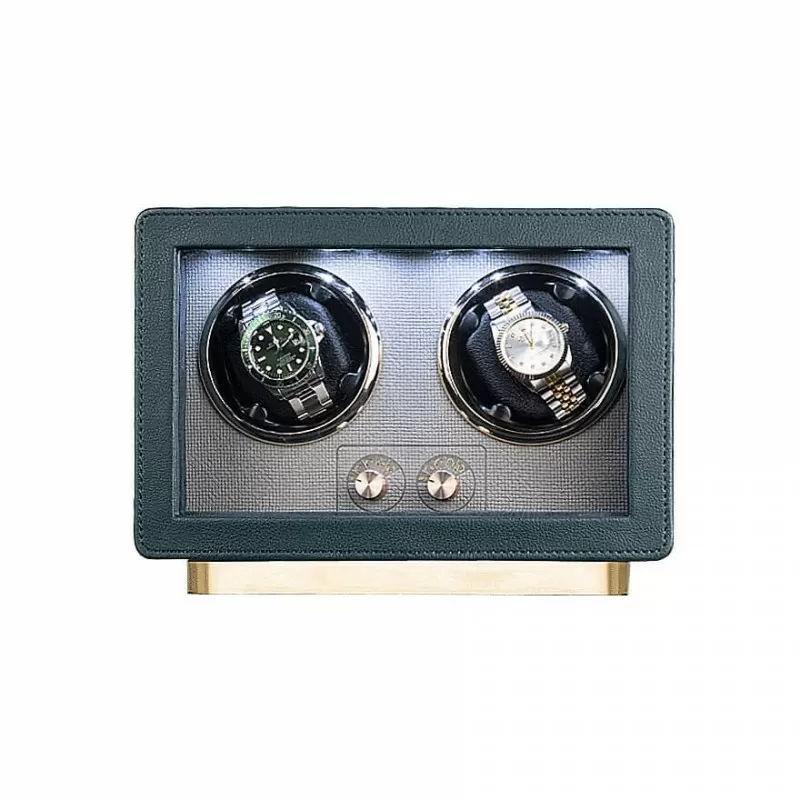 Enrollador de reloj doble cuero verde retro para Rolex – vista frontal cerrada