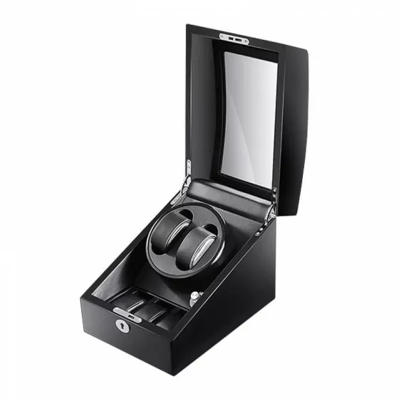Black double watch winder interior with 2 winding rotors and 3 cushioned storage slots – open door view
