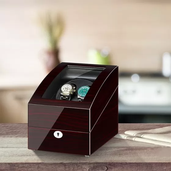 Ebony double watch winder with 3 storage bays on bedside table – compatible with Rolex and Omega