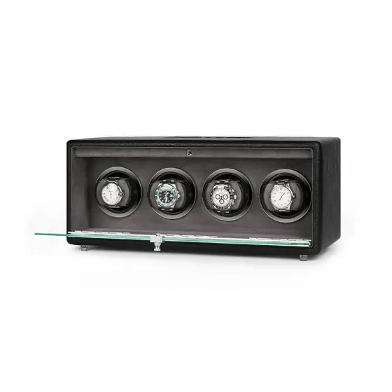 Open view of Roroos classic leather quad watch winder for 4 automatic watches