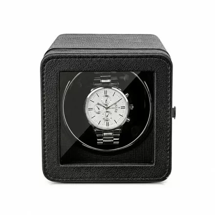Nappa premium black leather single automatic watch winder box by Roroos, front view