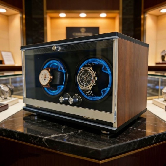Roroos walnut wood double watch winder on marble display table in watch boutique — dual blue LED rings winding two automatic watches under warm ambient lighting