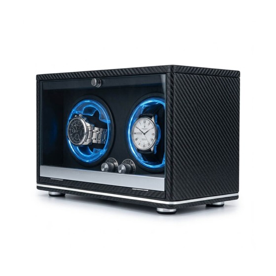 Carbon fiber double watch winder front view — dual floating LED rings illuminating two automatic watch cradles through full glass door