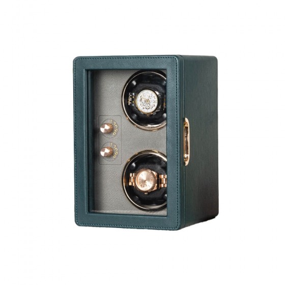 Green leather watch winder interior — grey cushion slots for Rolex Submariner and Datejust
