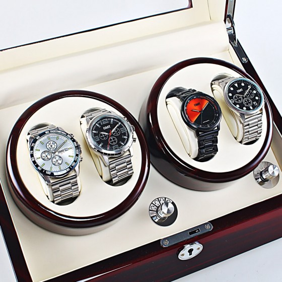 Roroos ebony quad reloj bobinador que muestra cuatro almohadas de reloj forradas de terciopelo en caso de laca de piano