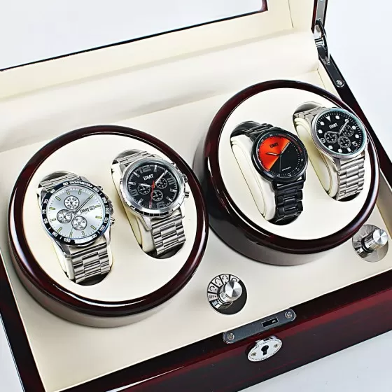 Roroos ebony quad reloj bobinador que muestra cuatro almohadas de reloj forradas de terciopelo en caso de laca de piano