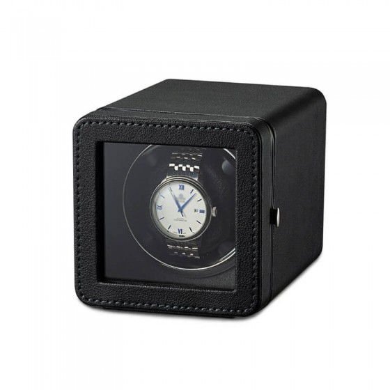 Nappa premium black leather single automatic watch winder box by Roroos, angled view