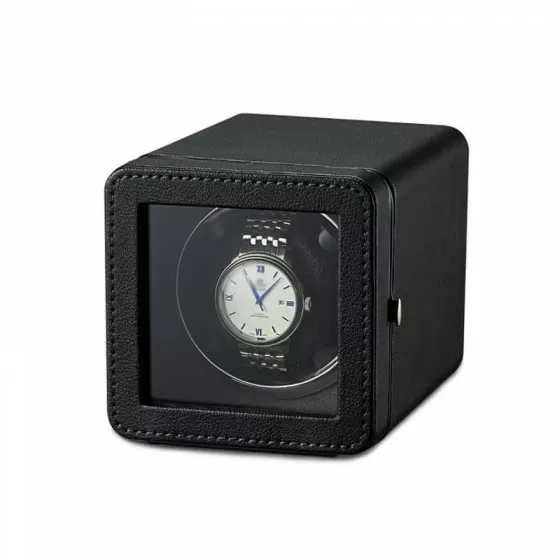 Nappa premium black leather single automatic watch winder box by Roroos, angled view