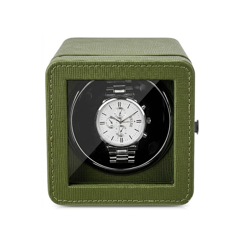 Olive green leather single automatic watch winder box by Roroos, front view