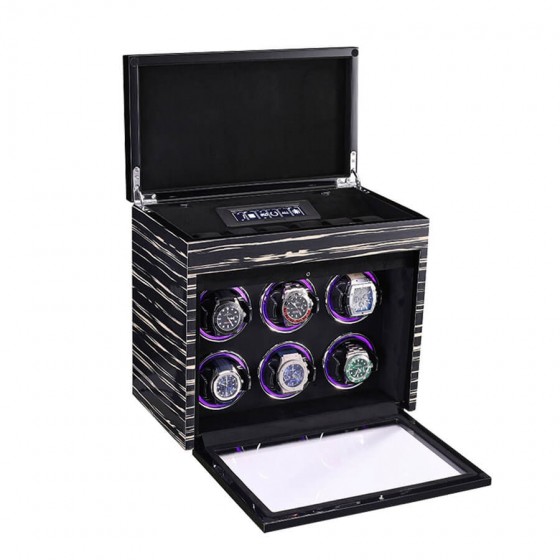 Side view of wood veneer 6-slot automatic watch winder with glass display lid