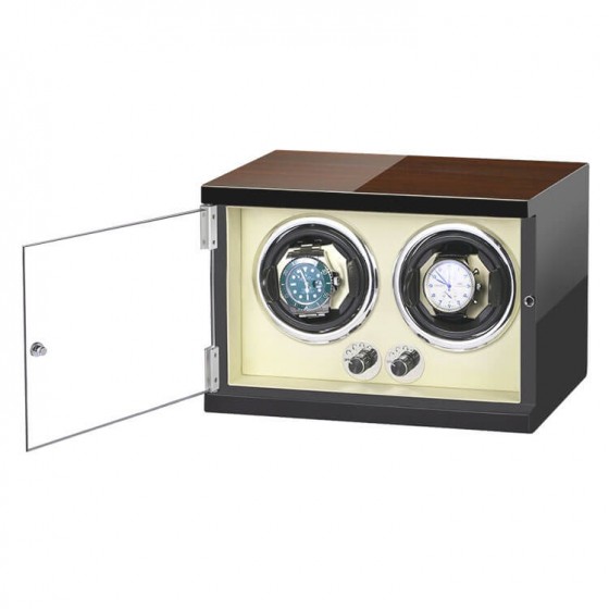 Beige suede-lined interior of Roroos classic wooden double watch winder showing two watch bays