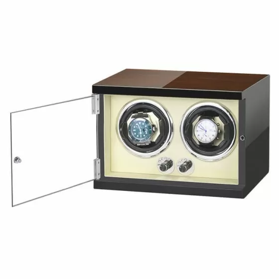 Beige suede-lined interior of Roroos classic wooden double watch winder showing two watch bays