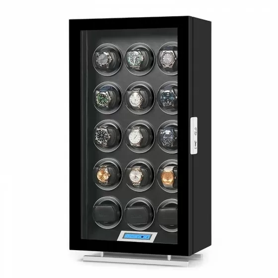 15-slot automatic watch winder cabinet with UVC sterilization by Roroos, angled view