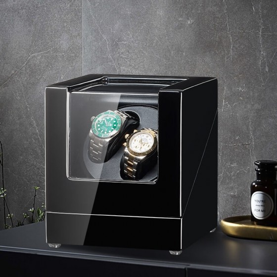 Roroos black double watch winder on bedside table showing silent nighttime operation