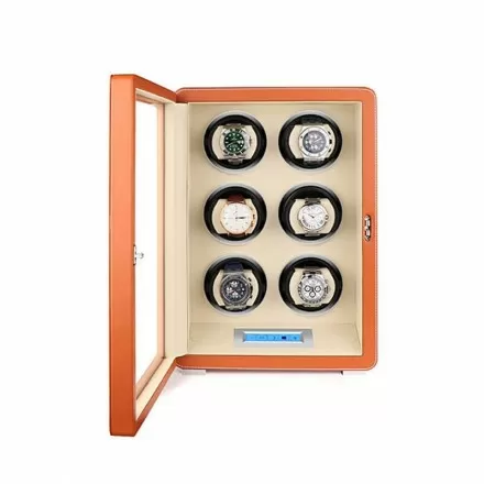 LCD Touch Automatic 6 Slots Watch Winder With Brown Leather Overview
