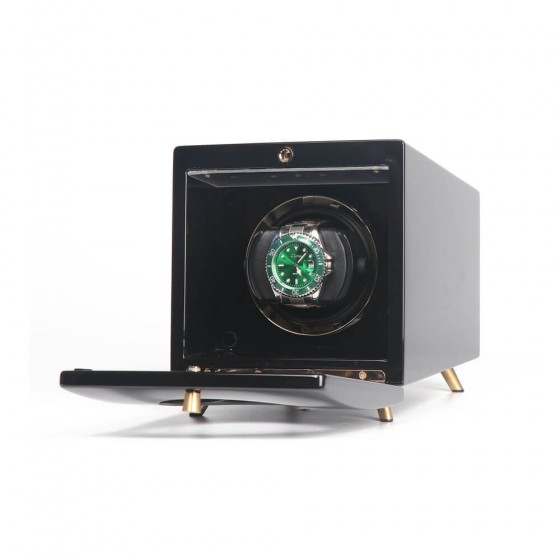 Suede-lined interior of Roroos black wooden retro single automatic watch winder with lock-in pillow
