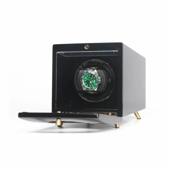 Suede-lined interior of Roroos black wooden retro single automatic watch winder with lock-in pillow