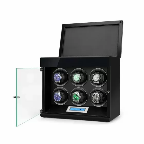Six watch winder cabinet open showing 6 rotating winding pillows