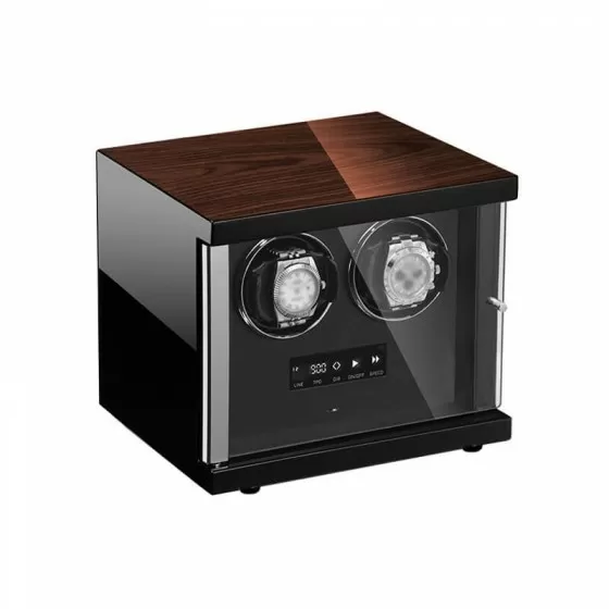 2-watch winder box showing adjustable brackets and black velvet interior lining