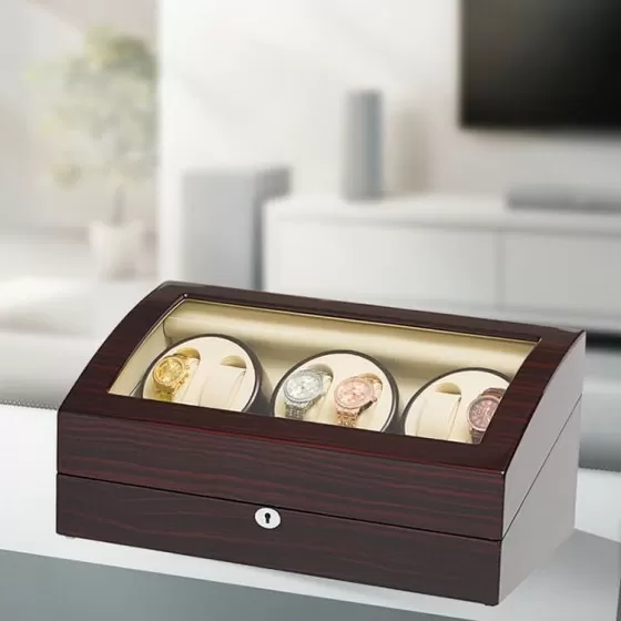 Classic Ebony Six Pieces Watch Winder With Beige Interior