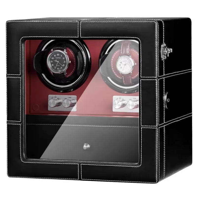 Remontoir de montres 2 montres avec moteurs silencieux en cuir noir rouge