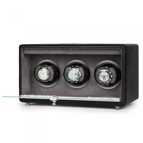 Detalle del cuero artesanal del watch winder triple Roroos Classic con acabado premium