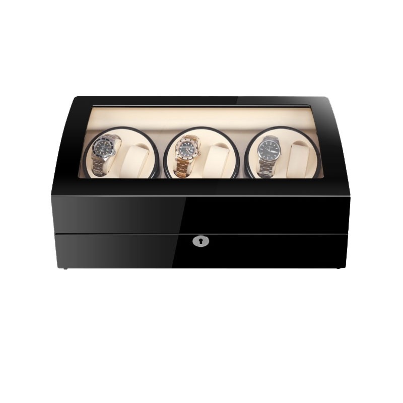 Enrollador de reloj automático de seis piezas negro con interior beige y 7 espacios de almacenamiento adicionales
