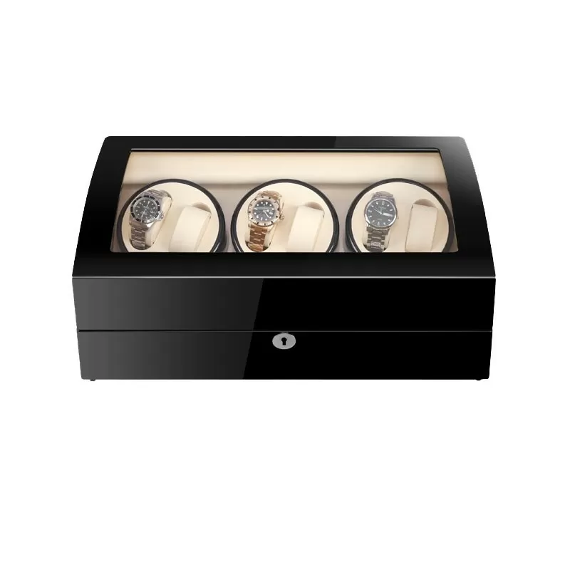 Enrollador de reloj automático de seis piezas negro con interior beige y 7 espacios de almacenamiento adicionales