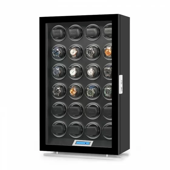 Professional 24-watch automatic winder cabinet with UVC sanitizing and LED display by Roroos, angled view