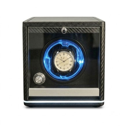 Carbon fiber single watch winder with LED ambient light — front view with glass door and chrome mode knob