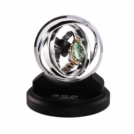 Roroos Astronomy Saturn Silver gyroscopic watch winder with polished silver anodized aluminum orbit rings Overview