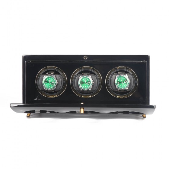 Triple watch winder in black wood with velvet interior