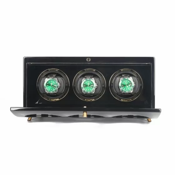 Triple watch winder in black wood with velvet interior
