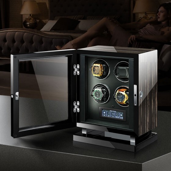 Interior of Roroos Dark Warrior 4-watch winder showing black velvet lining and LED lighting