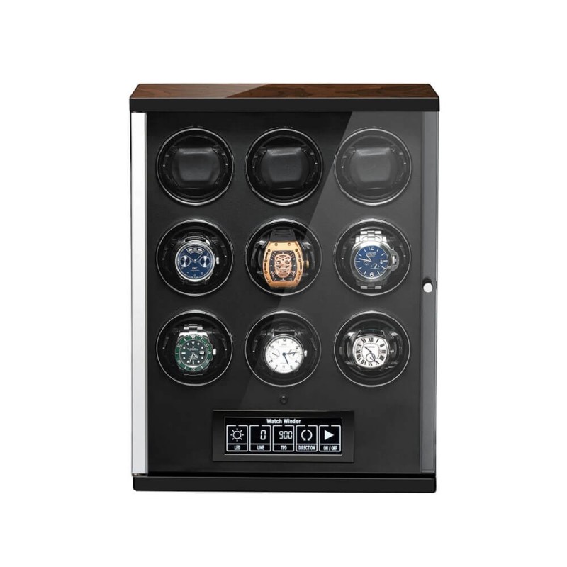 Enrollador de 9 relojes automáticos con control táctil LCD en negro — Roroos