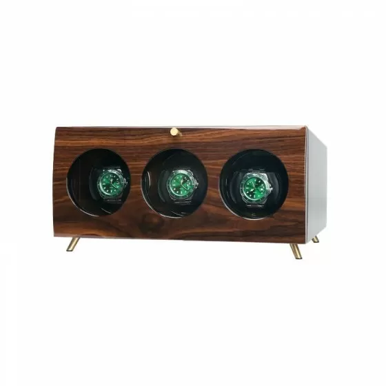Solid wood automatic watch winder box for 3 watches with quiet motor – angled view