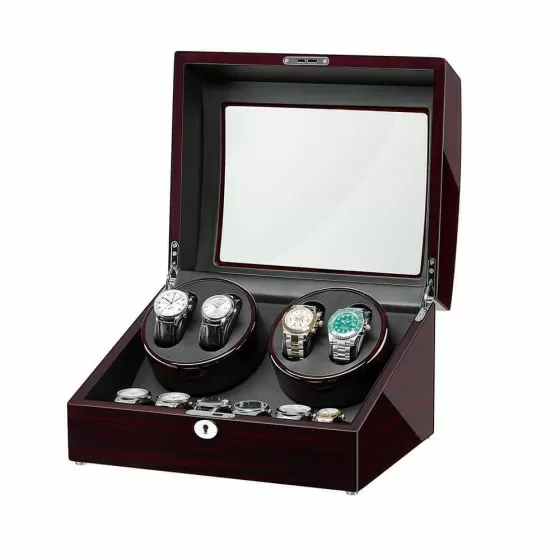 Open ebony watch winder box showing 4 winding modules and 6 padded storage compartments