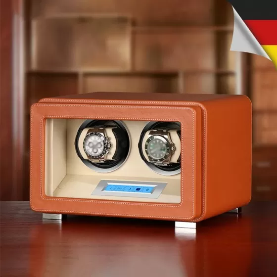 Doble automático reloj rotador - LCD táctil de cuero marrón