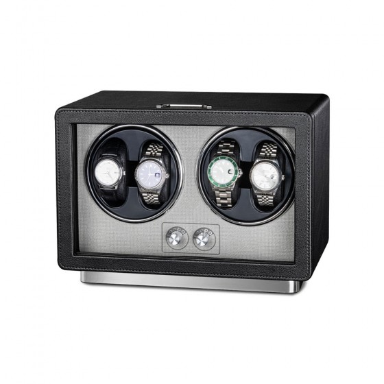 Black Leather Watch Case with 4 Automatic Winder - angled view